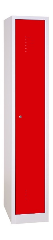1 rekeszes hosszúajtós acél öltözőszekrény, 1800×300×500 mm, piros színű ajtóval