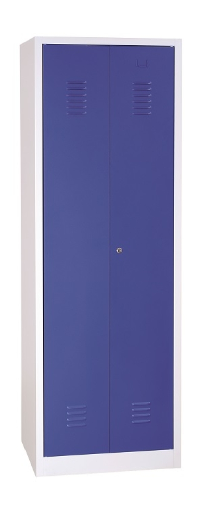 2 rekeszes hosszúajtós acél öltözőszekrény, szárnyasajtós, 1800×600×500 mm, kék színű ajtóval