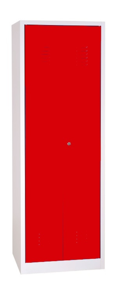 2 rekeszes hosszúajtós acél öltözőszekrény, szárnyasajtós, 1800×600×500 mm, piros színű ajtóval