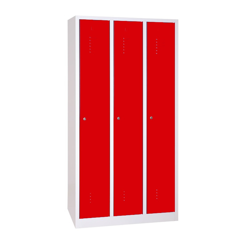 3 rekeszes hosszúajtós acél öltözőszekrény, 1800×900×500 mm, piros színű ajtóval