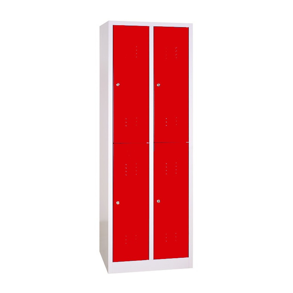 4 rekeszes rövidajtós acél öltözőszekrény, 1950×600×500 mm, piros színű ajtóval