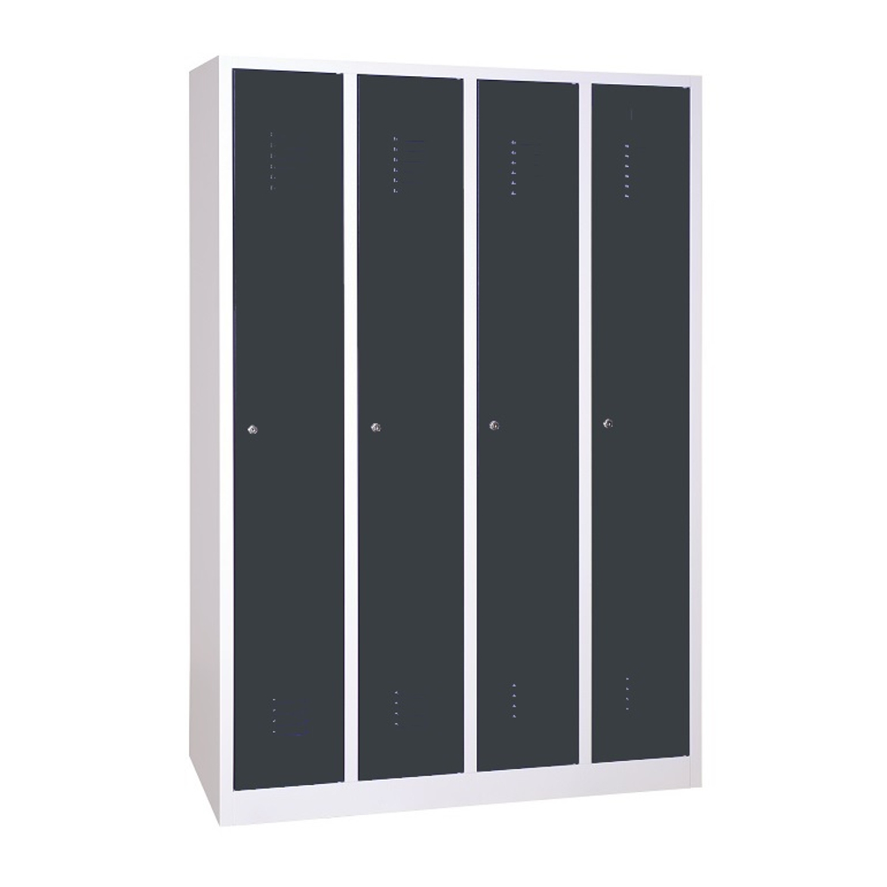 4 rekeszes hosszúajtós acél öltözőszekrény, 1800×1170×500 mm, antracit színű ajtóval