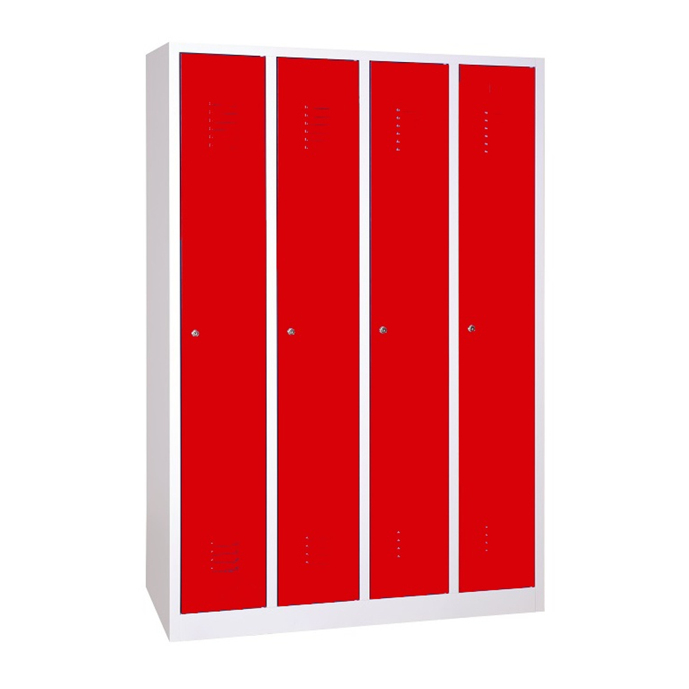 4 rekeszes hosszúajtós acél öltözőszekrény, 1800×1170×500 mm, piros színű ajtóval