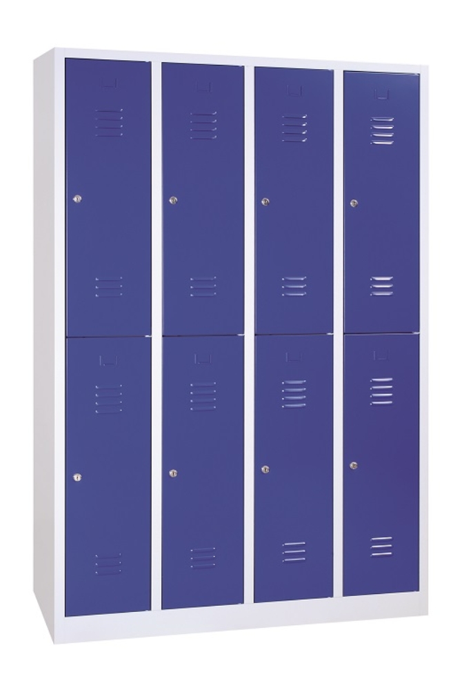 8 rekeszes rövidajtós acél öltözőszekrény, 1950×1170×500 mm, kék színű ajtóval