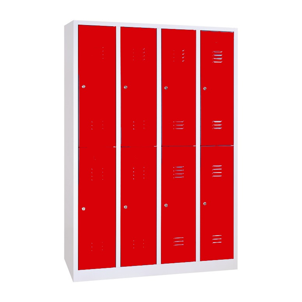 8 rekeszes rövidajtós acél öltözőszekrény, 1950×1170×500 mm, piros színű ajtóval