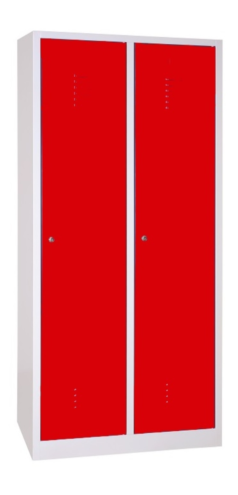2 rekeszes szélesajtós acél öltözőszekrény, középen válaszfallal, 1800×800×500 mm, piros színű ajtóval