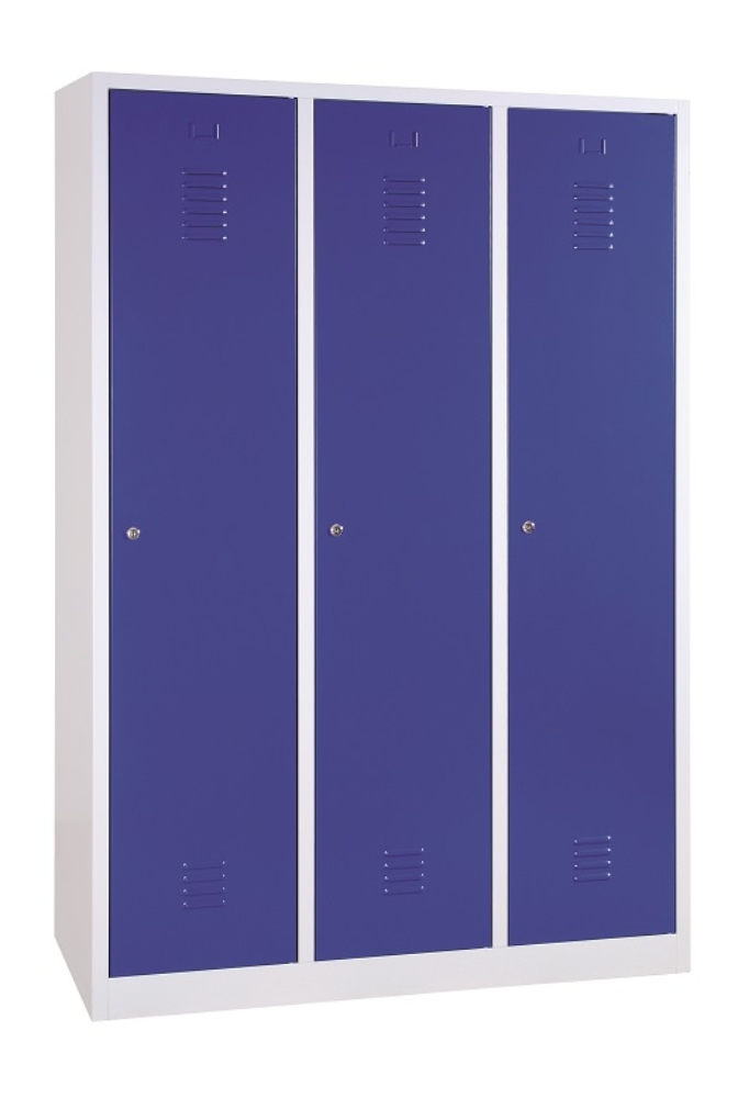 3 rekeszes szélesajtós acél öltözőszekrény, középen válaszfallal, 1800×1200×500 mm, kék színű ajtóval