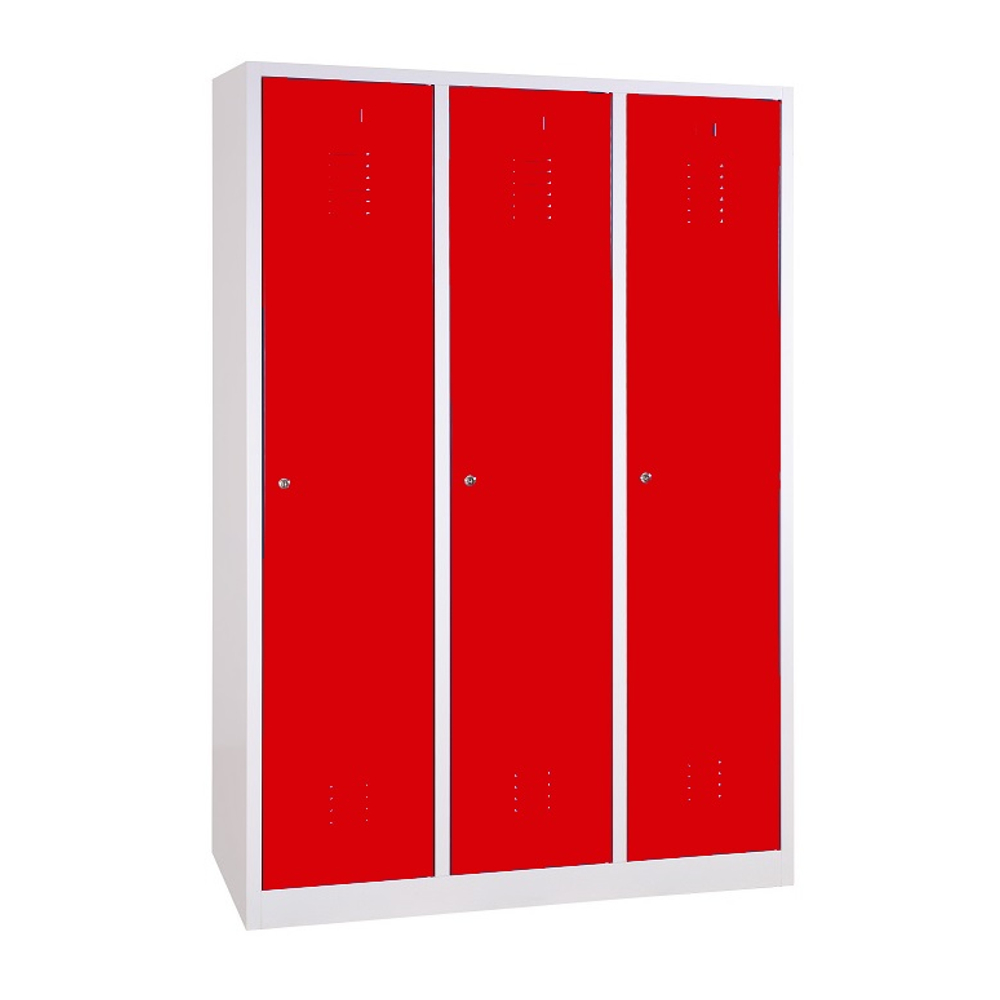 3 rekeszes szélesajtós acél öltözőszekrény, középen válaszfallal, 1800×1200×500 mm, piros színű ajtóval