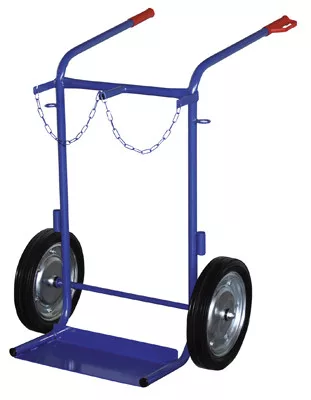 Acél palackkocsi, 2 db 10 l-es acélpalackhoz, széxméxma 565x370x1045 mm, teherbírás 50 kg, tömörgumi kerekek