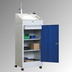   Mobil állóasztal, széxméxma 500x500x1000/1330 mm, 2 polc, 1 fiók, ral 7035/5010