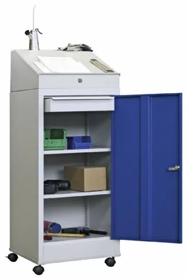 Mobil állóasztal, széxméxma 500x500x1000/1330 mm, 2 polc, 1 fiók, ral 7035/5010