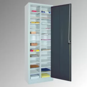   Tárolószekrény, széxméxma 640x400x1950 mm, 2x13 állítható rekesz, ral 7035/5010 világosszürke/enciánkék