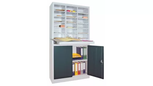 Rendezőpolc, széxméxma 1000x400x1950 mm, 3x6 rekesz, 1 kihúzható polc, 1 kétajtós szekrény 950 mm magas 1 polccal, ral 7035 világosszürke