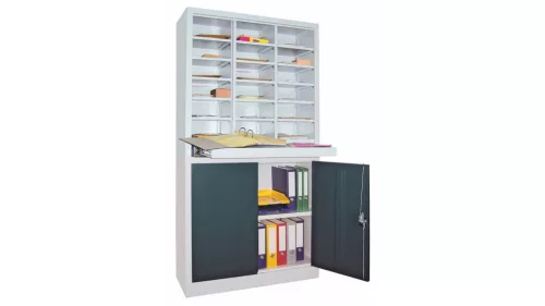 Rendezőpolc, széxméxma 1000x400x1950 mm, 3x6 rekesz, 1 kihúzható polc, 1 kétajtós szekrény 950 mm magas 1 polccal, ral 7035 világosszürke