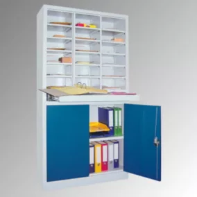   Rendezőpolc, széxméxma 1000x400x1950 mm, 3x6 rekesz, 1 kihúzható polc, 1 kétajtós szekrény 950 mm magas 1 polccal, ral 7016 antracit