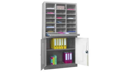 Rendezőpolc, széxméxma 1000x400x1950 mm, 3x6 rekesz, 1 kihúzható polc, 1 kétajtós szekrény 950 mm magas 1 polccal, ral 7035/7016 világosszürke/antracit