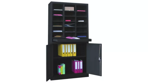 Rendezőpolc, széxméxma 1000x400x1950 mm, 3x6 rekesz, 1 kihúzható polc, 1 kétajtós szekrény 950 mm magas 1 polccal, ral 7035/7016 világosszürke/antracit