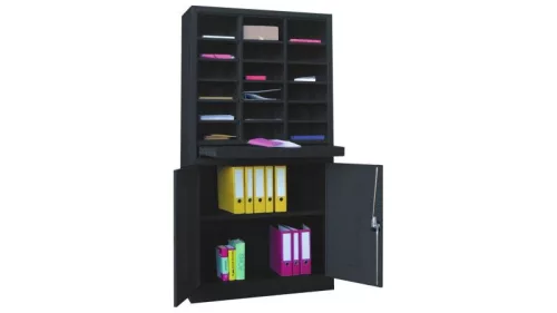 Rendezőpolc, széxméxma 1000x400x1950 mm, 3x6 rekesz, 1 kihúzható polc, 1 kétajtós szekrény 950 mm magas 1 polccal, ral 7035/5010 világosszürke/enciánkék