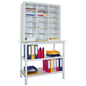   Rendezőpolc, széxméxma 1000x700x1950 mm, 3x6 rekesz, polcmélység 400 mm, tárolóasztal maxmé 950x600 mm 2 polccal, ral 7035 világosszürke