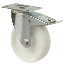   Szállítóeszköz forgógörgő reteszelő mechanizmussal., fehér műanyag, átmérő. 80 mm, teherbírás 125 kg, görgőscsapágy, csavaros lemez