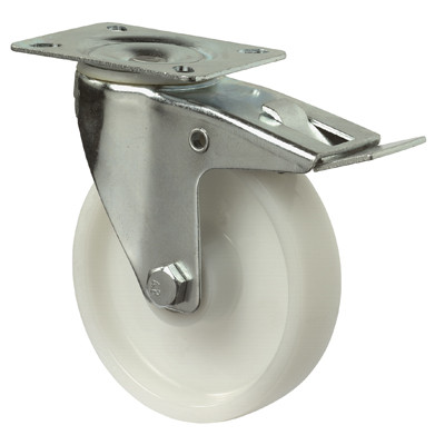 Szállítóeszköz forgógörgő reteszelő mechanizmussal., fehér műanyag, átmérő. 80 mm, teherbírás 125 kg, görgőscsapágy, csavaros lemez