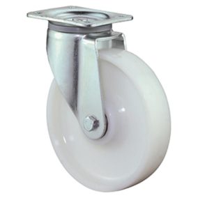   Nagy teherbírású forgógörgő, fehér műanyag, átmérő. 125 mm, teherbírás 700 kg, golyóscsapágy, csavaros lemez