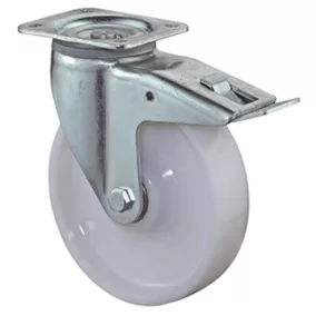   Nagy teherbírású forgógörgő reteszelő mechanizmussal, fehér műanyag, 125 mm átmérő, 700 kg teherbírás, golyóscsapágy, csavaros talp