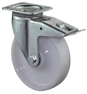 Nagy teherbírású forgógörgő reteszelő mechanizmussal, fehér műanyag, 125 mm átmérő, 700 kg teherbírás, golyóscsapágy, csavaros talp