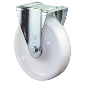   Nagy teherbírású fix görgő, fehér műanyag, átmérő. 125 mm, teherbírás 700 kg, golyóscsapágy, csavaros lemez