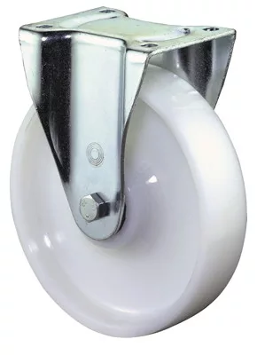 Nagy teherbírású fix görgő, fehér műanyag, átmérő. 100 mm, teherbírás 175 kg, golyóscsapágy, csavaros lemez