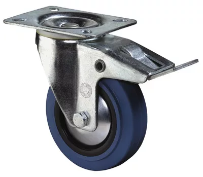 Szállítóeszköz forgógörgő reteszelő mechanizmussal., elasztikus tömörgumi, kék, átmérő. 100 mm, teherbírás 140 kg, görgőscsapágy, csavaros lemez