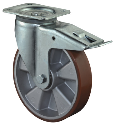 Szállítóeszköz forgógörgő reteszelő mechanizmussal., poliuretán 95+/-3 piros, átmérője. 80 mm, teherbírás 120 kg, golyóscsapágy, csavaros lemez