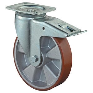 Szállítóeszköz forgógörgő reteszelő mechanizmussal., poliuretán 95+/-3 piros, átmérő. 200 mm, teherbírás 300 kg, golyóscsapágy, csavaros lemez