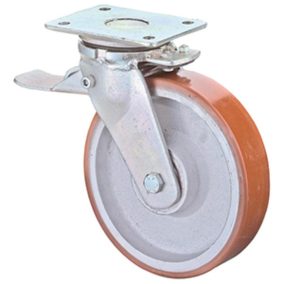   Nagy teherbírású forgógörgő reteszelő mechanizmussal, poliuretánból, 95+/-3 piros, átmérő. 100 mm, teherbírás 400 kg, golyóscsapágy, csavaros lemez