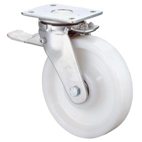   Nagy teherbírású forgógörgő reteszelő mechanizmussal, fehér műanyag, 100 mm átmérő, 175 kg teherbírás, golyóscsapágy, csavaros talp