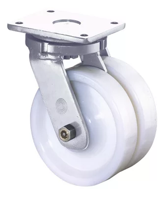Nagy teherbírású dupla forgógörgő, fehér műanyag, átmérő. 100 mm, teherbírás 800 kg, golyóscsapágy, csavaros lemez