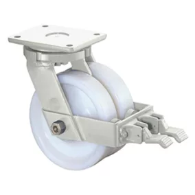   Nagy teherbírású, dupla forgóvillás görgő reteszelőszerkezettel, dupla forgóvillás görgő reteszelő mechanizmussal, fehér műanyag, 100 mm átmérő, 800 kg teherbírás, golyóscsapágy, csavaros talp