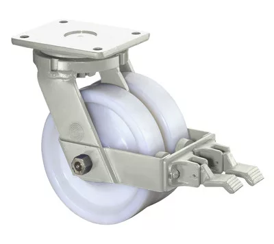 Nagy teherbírású, dupla forgóvillás görgő reteszelőszerkezettel, dupla forgóvillás görgő reteszelő mechanizmussal, fehér műanyag, 100 mm átmérő, 800 kg teherbírás, golyóscsapágy, csavaros talp