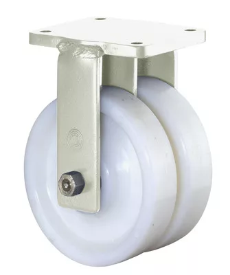 Nagy teherbírású dupla fix görgő, fehér műanyag, átmérő. 100 mm, teherbírás 800 kg, golyóscsapágy, csavaros lemez