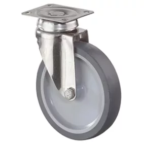   Rozsdamentes acél beálló görgő, termoplasztikus. gumi szürke, átmérő 50 mm, teherbírás 40 kg, siklócsapágy, csavaros talp