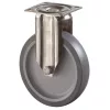 Rozsdamentes acél fix görgő, termoplasztikus. gumi szürke, átmérő 50 mm, teherbírás 40 kg, siklócsapágy, csavaros talp