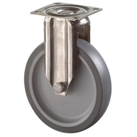   Rozsdamentes acél fix görgő, termoplasztikus. gumi szürke, átmérő 50 mm, teherbírás 40 kg, siklócsapágy, csavaros talp