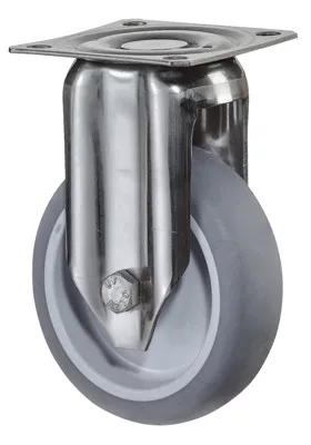 Rozsdamentes acél fix görgő, termoplasztikus. gumi szürke, átmérő 50 mm, teherbírás 40 kg, siklócsapágy, csavaros talp