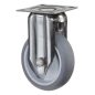   Rozsdamentes acél fix görgő, termoplasztikus. gumi szürke, átmérő 50 mm, teherbírás 40 kg, siklócsapágy, csavaros talp
