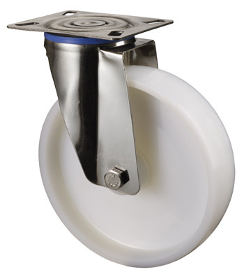 Rozsdamentes acél szállítóeszköz beálló görgő, fehér műanyag, átmérő. 80 mm, teherbírás 100 kg, siklócsapágy, csavaros lemez