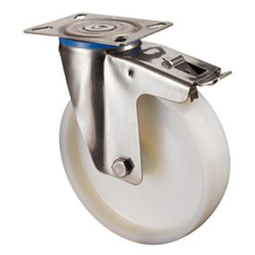   Rozsdamentes acél szállítóeszköz beálló görgő reteszelő mechanizmussal, fehér műanyag, átmérő. 80 mm, teherbírás 100 kg, siklócsapágy, csavaros lemez