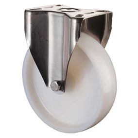   Rozsdamentes acél szállítóeszköz fix görgő, fehér műanyag, átmérő. 80 mm, teherbírás 100 kg, siklócsapágy, csavaros lemez