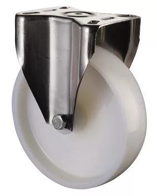 Rozsdamentes acél szállítóeszköz fix görgő, fehér műanyag, átmérő. 80 mm, teherbírás 100 kg, siklócsapágy, csavaros lemez