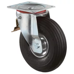   Szállítóeszköz forgógörgő reteszelő mechanizmussal., fekete gumi, 200 mm átmérő, 75 kg teherbírás, görgőscsapágy, csavaros talp