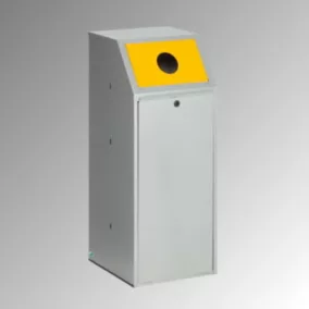   69 l-es újrahasznosító kuka, szélesség x mélység x magasság 400x400x1000 mm, kerek nyílás (palackoknak, konzervdobozoknak stb.) ral 1023 közlekedési sárga, ezüst színű test, belső betéttel együtt
